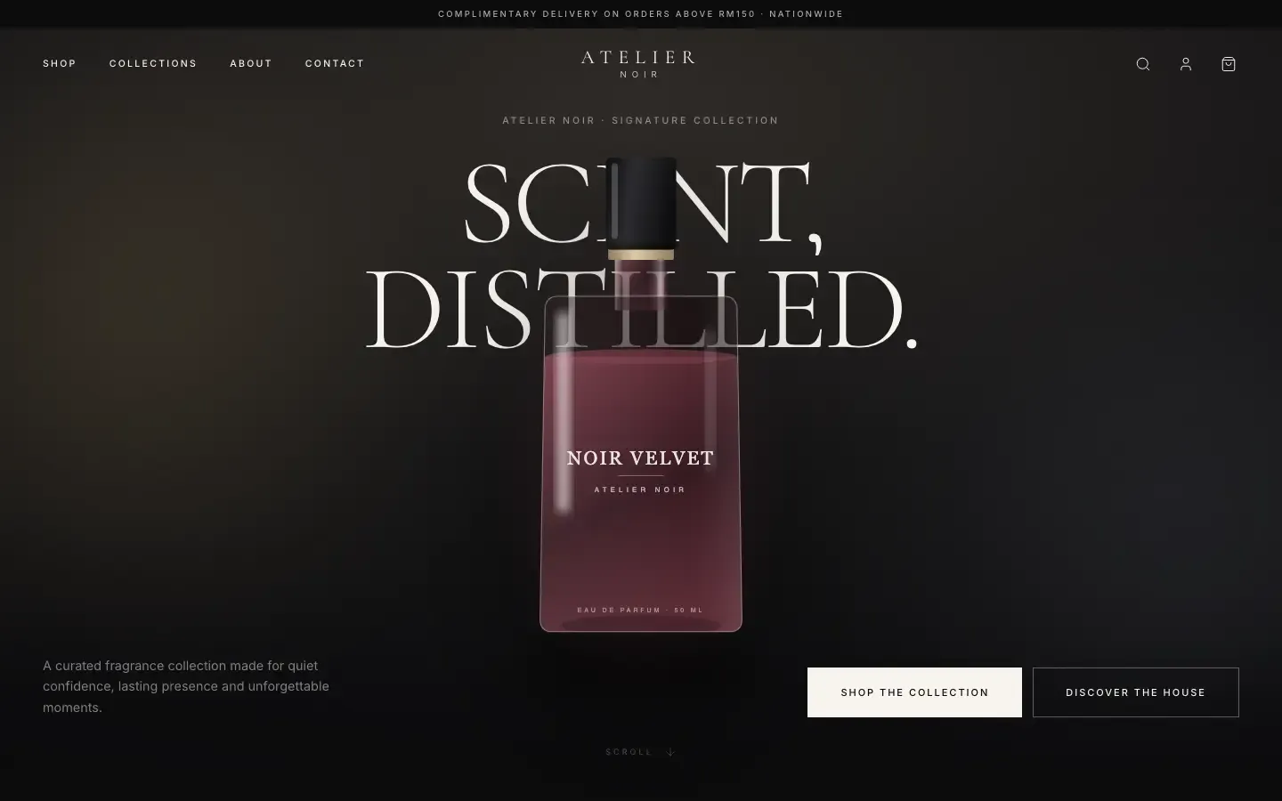 Halaman utama Atelier Noir dengan botol minyak wangi di bawah tajuk Scent, distilled