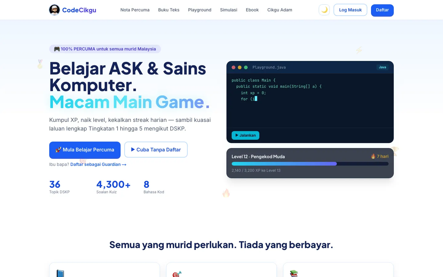 Halaman utama CodeCikgu untuk ASK dan Sains Komputer KSSM, dengan playground kod Java dan bar tahap XP murid