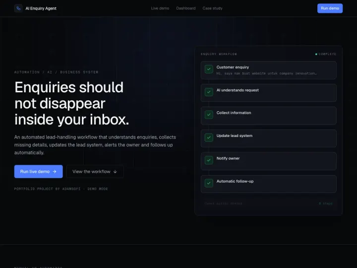 Enquiry Agent demo showing the steps of an automated enquiry workflow